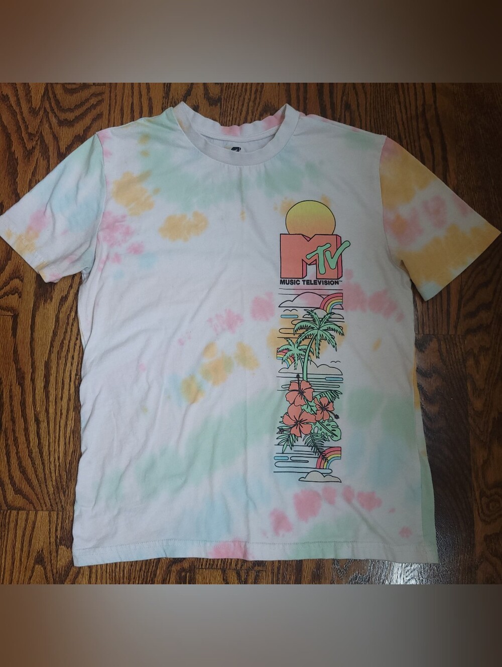 MTV Y2K Tropical Beach & Palm Tree Pastel Tie-Dye Graphic T-Shirt Size XS